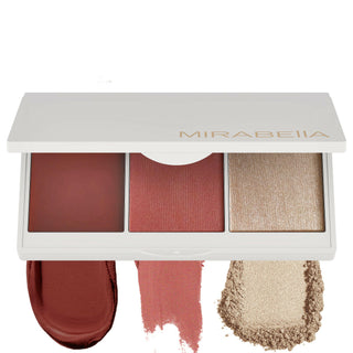 Mirabella Opulent Pro Face Trio on a white background featuring cream blush, powder blush, and powder highlighter in a white compact with mirror.