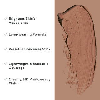 Mirabella original Perfecting Concealer stick swatch shown up close on a tan background alongside key callouts, including its buildable formula.