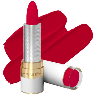 Close-up of Mirabella Sealed with a Kiss Lipstick in shade Perfect Red, offering long-lasting wear and hydration, on a white background.