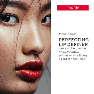 Close-up of a model wearing a red lip alongside a pro tip about wearing Mirabella's Perfecting Lip Definer as an eyeshadow primer for dual use.