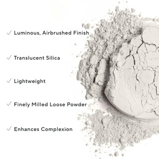 Loose Perfecting Powder on surface, highlighting its translucent formula and text detailing its benefits.