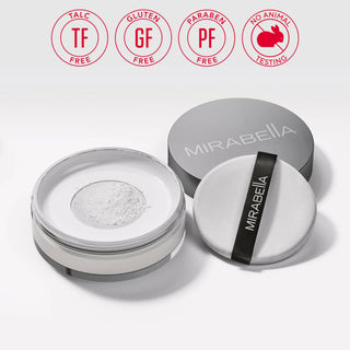 Mirabella Perfecting Powder component with powder puff & translucent powder, sleek design & highlighting Mirabella core values.