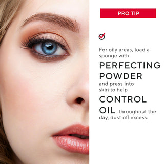 Model with Perfecting Powder applied, highlighting a smooth, matte complexion and even skin tone - pro tip on utilizing powder.