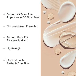 Mirabella Prime for Face and other skincare swatches shown up close on a pink background alongside key callouts, including its silicone-based formula.