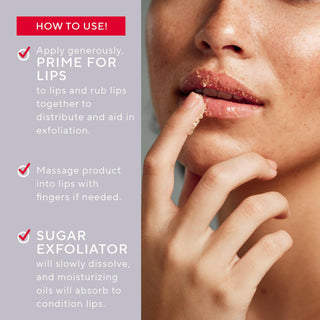 Close-up of a model applying Prime For Lips by Mirabella with finger alongside instructions for the use of the sugar lip exfoliator. 