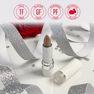 Prime For Lips by Mirabella, show opened with bullet exposed on white with silver glitter ribbon & red rose, while outlining brand values at top.