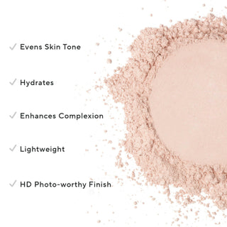 A Mirabella Pure Press powder peach-toned swatch is shown up close on white alongside key callouts, including its lightweight, hd-worthy finish.