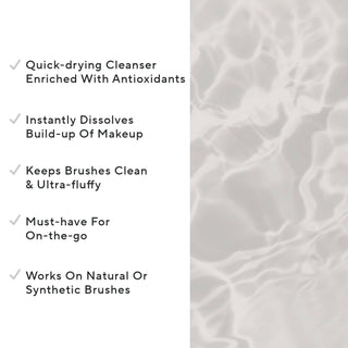 Mirabella Purify Brush Cleanser liquid showcases clear consistency, highlighting benefits, including quick-dry formula enriched with antioxidants.