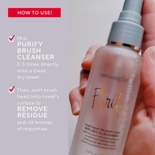 Close-up of a model holding Purify Brush Cleanser alongside instructions on using Mirabella's brush cleanser to rid bristles of impurities.