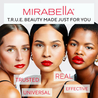 Mirabella Beauty makeup collection on diverse models, showcasing universally flattering shades of the brand's cosmetics suitable for every skin tone.