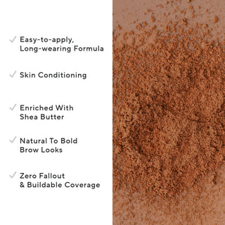 Mirabella’s Quickbrow powder pigment is shown on a brown background alongside key callouts, including its long-wear formula enhanced with Shea Butter.