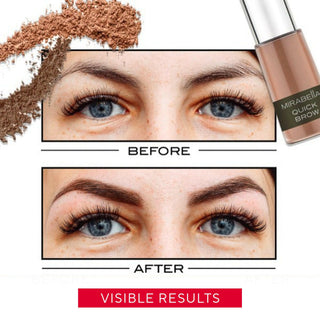 Models Close-up of brows before and after using Quick Brow Powder, showing natural visible results, swatches of both shades, and bottle.