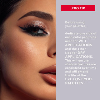 Mirabella model with winged eyeliner and smoky eyeshadow alongside a Pro Tip to use eyeshadow with a wet application to achieve a richer pigment.