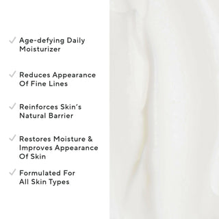 Mirabella’s Renew Moisturizer cream is shown up close alongside key callouts, including its age-defying formula that hydrates & combats fine lines.