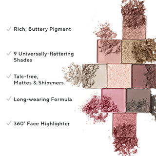 Mirabella Eye Love You Eyeshadow Romance Collection swatches of nude & rosey-hued shades, highlighting the benefits of all 9-shades.