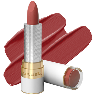 Close-up of Mirabella Sealed with a Kiss Lipstick in Rosy Modern Matte, offering long-lasting wear & hydration, displayed on a white background.