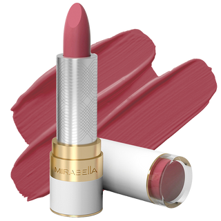 Close-up of Mirabella Sealed with a Kiss Lipstick in Rosy Rouge, offering long-lasting wear & hydration, displayed on a white background.