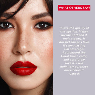 Model with applied Sealed With A Kiss Lipstick, demonstrating its luxurious formula & high-impact color in Perfect Red, with review