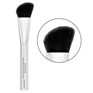 Close up of Mirabella Sculpt Foundation & Contour Brush - angled, fluffy, soft bristles for precise makeup application on white background