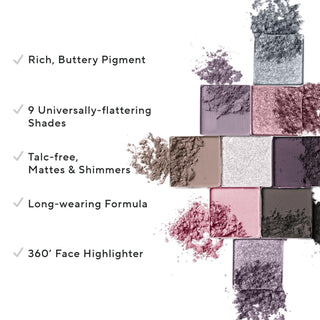 Mirabella Eye Love You Eyeshadow Seduction Collection swatches of pink & purple-hued shades, highlighting the benefits of all 9-shades.