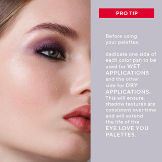 Model with Mirabella Eye Love You Eyeshadow Seduction Palette, showcasing a rich, pigmented eye look. Pro tips for using palette wet or dry included.