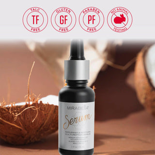 Mirabella core values illustrated above the sleek, modern serum bottle in front of broken coconuts in the background.