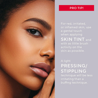 Mirabella Skin Tint Cream foundation applied to model highlighting pro tip for utilizing Skin Tint with pro tips