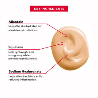 Mirabella Skin Tint Crème foundation swatch tinted medium shade showcasing key ingredient names and benefits of each ingredient.