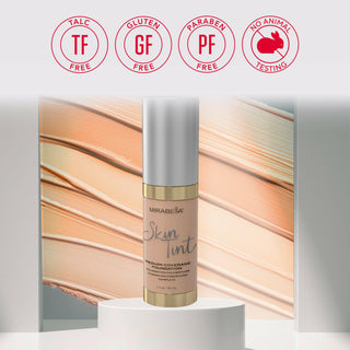 Mirabella Skin Tint Crème foundation sleek bottle of tinted cream for even, radiant coverage and highlighting core values of brand.