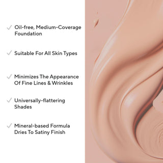 Peach-toned liquid foundation swatch alongside Mirabella's key callouts for Skin Tint Créme including its oil-free, medium coverage formula.