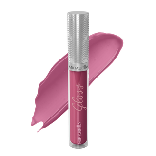 Mirabella Luxe Advanced Formula Lip Gloss in shade Sleek with glossy swatch behind the ornate lip gloss tube on a transparent background.