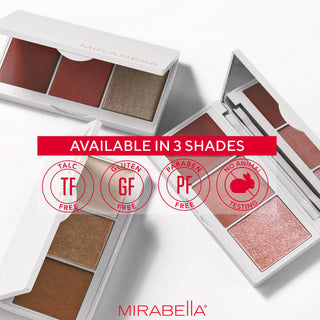 Mirabella Pro Face Trios, available in three shades, displaying opened white compacts to show shade offerings while outlining brand values.