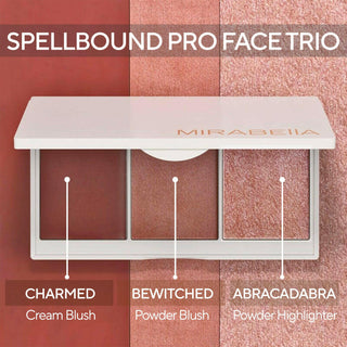 Open Spellbound Face Trio palette sitting atop swatches of Charmed cream blush, Bewitched powder blush, & Abracadabra powder highlighter.