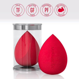 Vibrant Mirabella red Precision Pro Blender Sponge image showcasing talc, gluten, paraben-free, and animal cruelty-free product callouts.