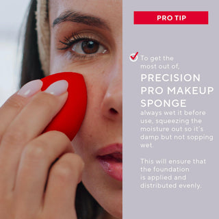 Close-up of model using Mirabella Precision Pro Makeup Sponge showing its unique shape for versatile makeup application & pro tips to utilize sponge.