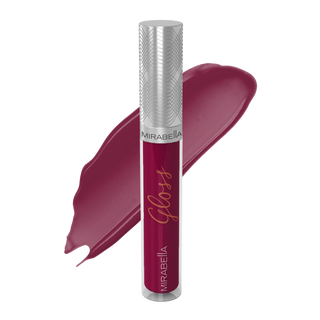 Mirabella Luxe Advanced Formula Lip Gloss in shade Sublime with glossy swatch behind the ornate lip gloss tube on a transparent background.