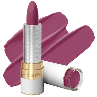 Close-up of Mirabella Sealed with a Kiss Lipstick in Sugar & Spice, offering long-lasting wear & hydration, displayed on a white background.