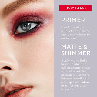 True To You Buff Eyeshadow model close-up of eye alongside key tips on how to apply the eyeshadows & primer for best results.