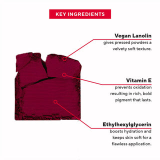 True To You Buff eyeshadow swatch on white alongside key ingredient callouts, like vegan lanolin & vitamin E for velvety soft texture.