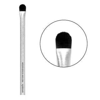 Wet/Dry Eyeshadow makeup brush on white background showcasing its brushed aluminum handle and unique flat-style vegan bristles for shadows.