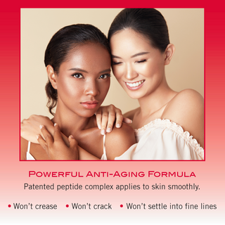 Image of Mirabella makeup models wearing Invincible foundation in front of ombre red background with key marketing benefits, like no creasing at bottom.