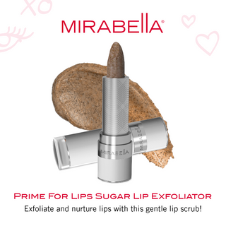 Product in a beauty routine setup: Mirabella Prime for Lips Sugar Lip Exfoliator in a beauty routine setting, emphasizing its role in maintaining soft, healthy lips.