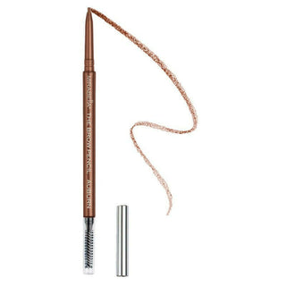 Mirabella Brow Pencil in shade Auburn showcasing spoolie for blending and grooming brows & fine point tip with swatch.