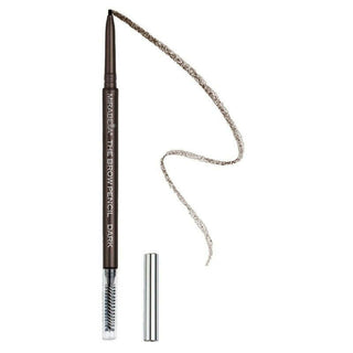 Mirabella Brow Pencil in shade Dark showcasing spoolie for blending and grooming brows & fine point tip with swatch.