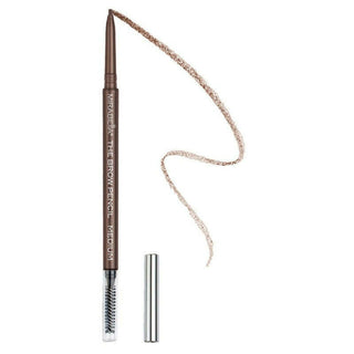 Mirabella Brow Pencil in shade Medium showcasing spoolie for blending and grooming brows & fine point tip with swatch.