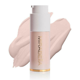 Mirabella Invincible For All Anti Aging HD Foundation frosted bottle with matte gold logo & swatch for shade Porcelain P00 on a white background.