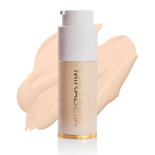 Mirabella Invincible For All Anti Aging HD Foundation frosted bottle with matte gold logo & swatch for shade Porcelain P10 on a white background.