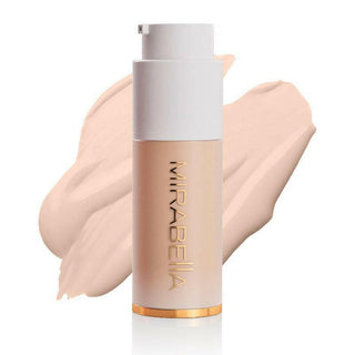 Best Selling Mirabella Invincible For All Anti Aging HD Foundation frosted bottle with matte gold logo & swatch for shade Porcelain P20 on a white background.Mineral HD Full Coverage Foundation Makeup