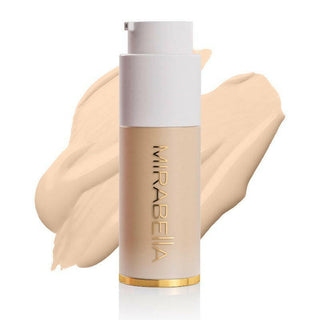 Mirabella Invincible For All Anti Aging HD Foundation frosted bottle with gold logo & swatch for shade Ivory I30 on a white background.