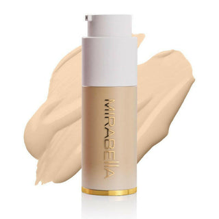 Mirabella Invincible For All Anti Aging HD Foundation frosted bottle with gold logo & swatch for shade Ivory I40 on a white background.